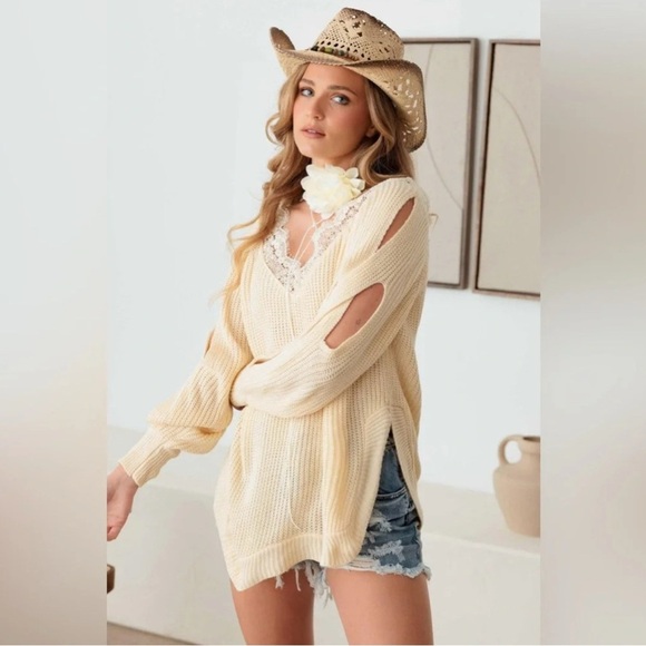 Thinkable-Lace Side Slits Cut Out Sleeve Sweater - Picture 5 of 6